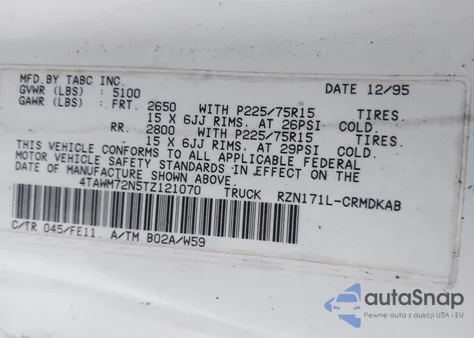 1996 Toyota Tacoma Xtracab z USA, uszkodzony, nr VIN 4TAWM72N5TZ121070